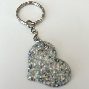 WWT Iridescent Silver Glitter Hanging Heart Keychain